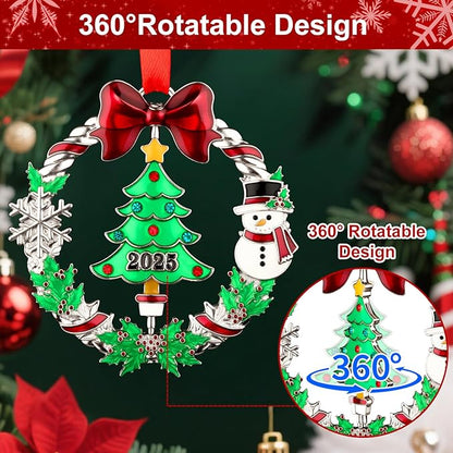Christmas Ornament 2025 for Christmas Tree Hanging Decorations, Xmas Wreath Ornament with Rotatable Christmas Tree, Dated 2025 Metal Xmas Ornament for Holiday Decorative Keepsake Gift
