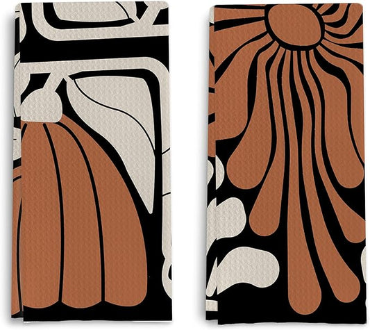 Boho Floral Kitchen Towels Botanical Waffle Weave Tea Towels Black and White Flowers