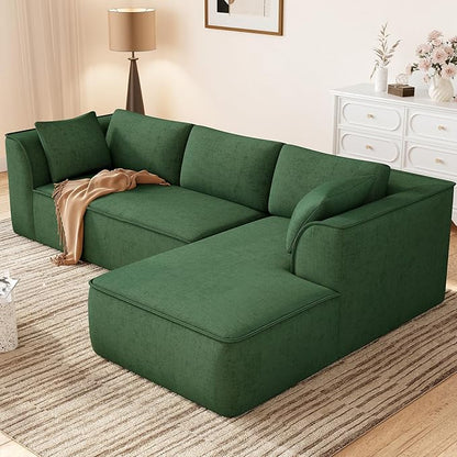 Vesgantti 106" Cloud Sectional Couch with Chaise, Deep Seat Modular Sectional Sofa Chenille Sofa Boneless Couches for Living Room Bedroom, No Assembly Required (Green, Right-Facing Chaise)