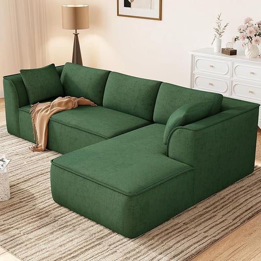 Vesgantti 106" Cloud Sectional Couch with Chaise, Deep Seat Modular Sectional Sofa Chenille Sofa Boneless Couches for Living Room Bedroom, No Assembly Required (Green, Right-Facing Chaise)