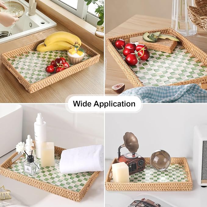 Rectangle Rattan Tray with Mother of Pearl Inlay, Rattan Serving Tray with Handle for Coffee, Bread, Fruits, Decorative Wicker Tray for Table Decor (Rectangle Green Checkerboard, 13"×9")
