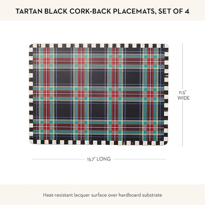 MACKENZIE-CHILDS Set of 4 Cork-Back Placemats, Hard-Finish Table Mats, Tartan Black