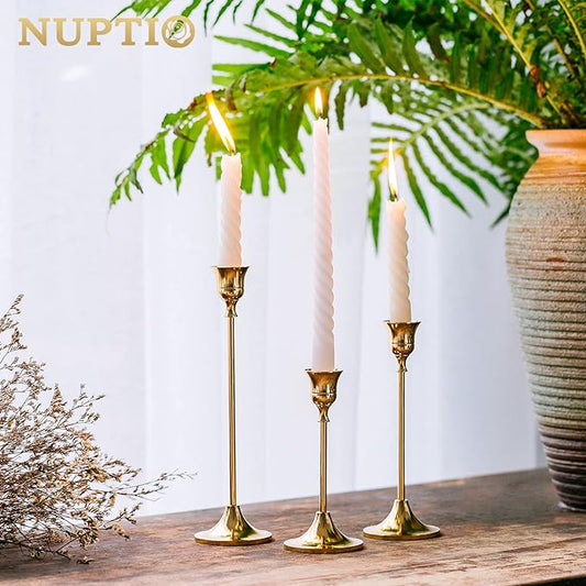 Candlestick Holders Taper Candle Holders, Set of 3 Candle Stick Holders Set, Brass Gold Candlestick Holder Set, Vintage Modern Decorative Centerpiece for Table Mantel Wedding Housewarming Gift