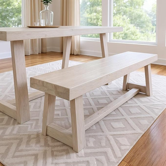 Plank+Beam 60 Inch Farmhouse Dining Bench, Solid Wood Entryway Bench, Wooden Outdoor Bench, Kitchen Dining Seat, Dining Room, Home Office, Living Room Furniture, Easy Assembly, White Sand Wirebrush