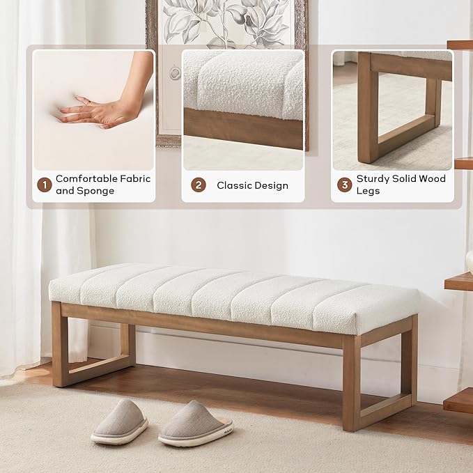 52.7" Bedroom Bench for End of Bed, Modern Upholstered Teddy Fabric Entryway Bench & Dining Bench, Footrest Stool Bench with Solid Wood Frame for Bedroom, Living Room (Beige)