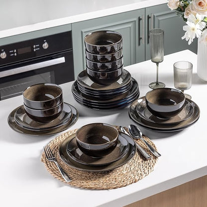 LERATIO Ceramic Dinnerware Sets for 8,Stoneware Plates and Bowls Sets,Handmade Reactive Glaze Dishes Set,Chip Resistant and Scratch Resistant | Oven&Dishwasher & Microwave Safe-Espresso Brown(24PCS)