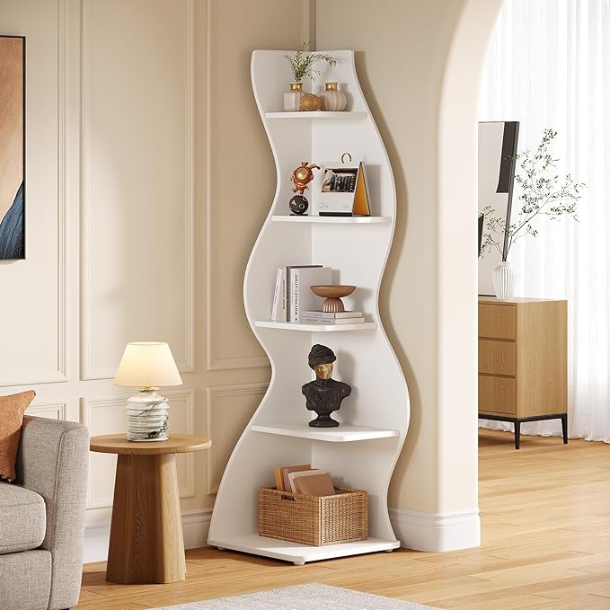 Tribesigns Wavy Corner Shelf, Modern 5-Tier Bookshelf Bookcase with Curvy Shape, Unique Plant Stand Display Rack for Living Room Small Space (White)