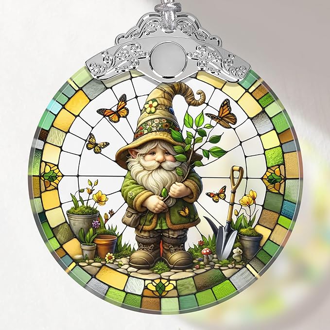 Charming Gnome Stained Glass Ornament - Christmas Tree Decor, Gnome Ornaments for Christmas