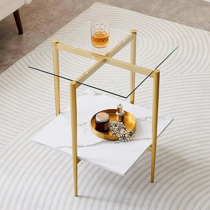 Square Glass End Table, Mid-Century Modern Design Sofa Table, for Living Room, L18 x W18 x H23, Clear Glass Top and White Marble MDF Shelf, Sleek Conical Metal Legs with Gold Finish