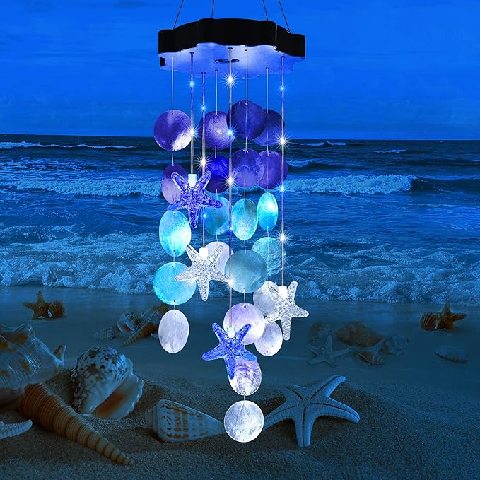 Solar Shell Gift for Mom Grandma Girls, White & Blue Christmas Solar Wind Chimes for Outside, Outdoor Decorative Mobile Lights for Garden, Yard, Patio, Window, Party, Outdoor Decorations