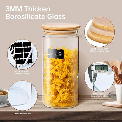 Extra Large Glass Flour and Sugar Storage Containers with Airtight Lid,132 floz x1 & 65 floz x1 [Set of 2] Big Glass Jars with Bamboo Lids, Air Tight Food Jar for Cereal, Pasta, Rice, Coffee