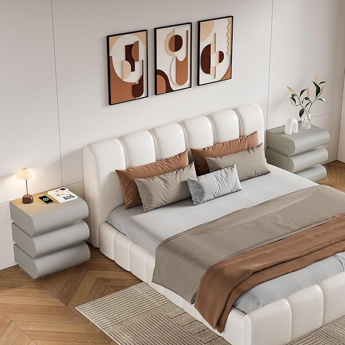 homary Smart Nightstand Modern White Leather Nightstands with Wireless Charger Bedside Table with 3 Drawers for Bedrooms Living Rooms Offices 19.7" W x 16.1" D x 23.6" H (Light Gray 3 Drawers)
