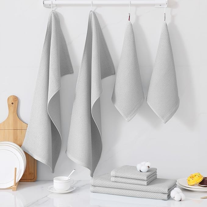 Homaxy 100% Cotton Kitchen Towels and Dishcloths Set, 12 x 12 Inches and 13 x 28 Inches, Set of 8 Bulk Kitchen Towels Set, Ultra Soft Absorbent Dish Cloths for Washing Dishes, Light Gray