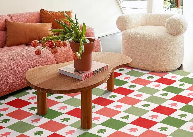Christmas Checkered Rug 4x6 Washable, Ultra Thin Cute Aesthetic Retro Colorful Christmas Tree Area Rugs for Living Room Bedroom Kitchen Entryway Dorm, Modern Mid-Century Winter Festive Accent Carpet