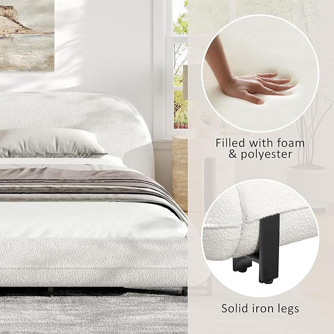 White King Size Bed Frame, Upholstered Cloud Boucle Platform Beds Frames with Headboard, Anti-Collision Soft Rounded Corners Footboard, No Box Spring Required, Easy Assembly (29" H White, King)