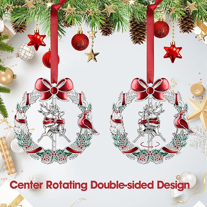 Christmas Ornament 2025 for Xmas Tree Hanging Decorations - 2025 Deer Christmas Wreath Ornament with Rotatable Reindeer for Holiday Decoration Keepsake Gift Lover Friends Family