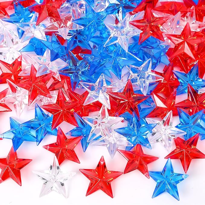 120Pcs Patriotic Acrylic Star Ornaments Vase Filler Translucent Crystals Gems Independence Day Memorial Day Veterans Day Table Scatters for Holiday Decoration Party Favors Craft Supplies