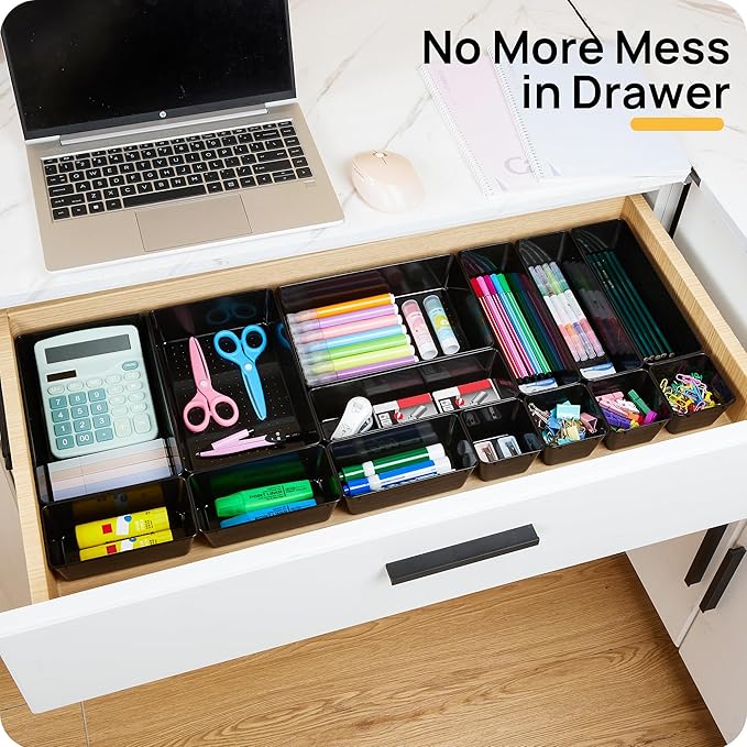 Vtopmart 25 PCS Desk Drawer Organizers Set, 4-Size Versatile Plastic Drawer Organizer Desk Accessories Office Organizers and Storage, Bathroom, Makeup, Vanity, Black