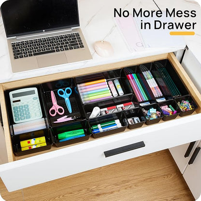 Vtopmart 25 PCS Desk Drawer Organizers Set, 4-Size Versatile Plastic Drawer Organizer Desk Accessories Office Organizers and Storage, Bathroom, Makeup, Vanity, Black