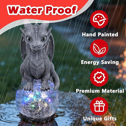 Baby Dragon Solar Garden Statue with Crackle Glass Globe Light - Whimsical Outdoor Fantasy Decor - Colorful LED Yard Ornament - Birthday for Dragon Lovers Kids Mom Grandma