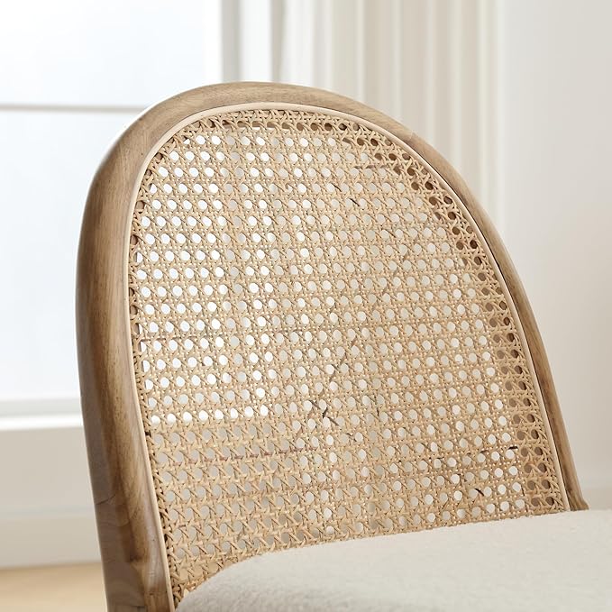 Upholstered Wooden Dining Chairs Set of 4, Farmhouse Kitchen & Dining Room Chairs with Cane Back, Accent Rattan Dining Table Chairs Sherpa Seat for Kitchen/Restaurant/Living Room, White