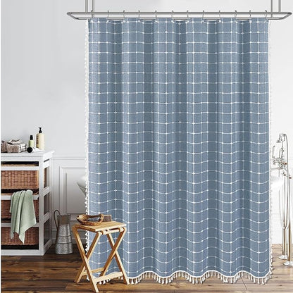 BTTN Stall Fabric Shower Curtain - 54x72 Inches Boho Linen Heavy Duty Tassel Cloth Shower Curtain Set with 10 Hooks, Narrow Rustic Modern Farmhouse Neutral Thick Shower Curtains for Bathroom - Blue