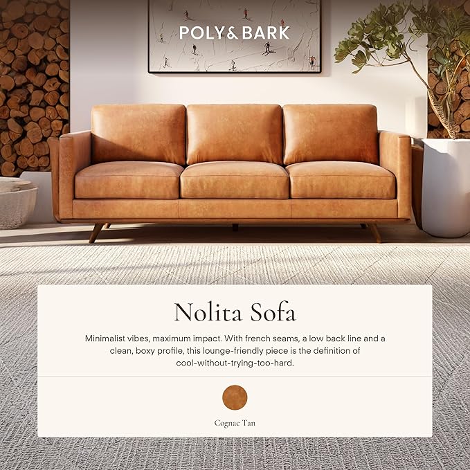Poly & Bark Nolita Leather Couch - 85-Inch Sofa - Full-Grain Leather Sofa for Living Room with Feather-Down Topper - Living Room Couch - Pure-Aniline Vintage Italian Leather in Cognac Tan