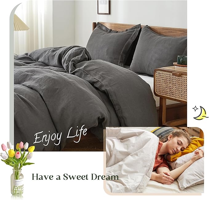 Simple&Opulence 100% Linen Duvet Cover Set, 3 PCS Natural French Flax Dark Grey Duvet Cover Queen Size, Breathable Soft Comfy Linen Bedding Comforter Cover with 2 Pillowcases(Dark Grey, 88"x92")