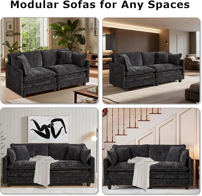 SoarFlash 107.4" Chenille Sectional Sofa, Comfy L Shaped Modular Coush Sofa with Ottoman, Modern 4 Seat Couch Deep Seat Sofa Set for Living Room,Black