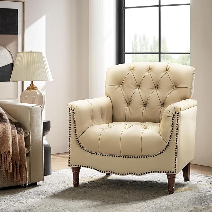 HULALA HOME Mid Century Modern Leather Club Chairs, Top-Grain Genuine Leather Armchairs with Button-Tufted Back & Solid Wood Legs, Accent Chairs for Living Room/Bedroom/Home Office, Beige