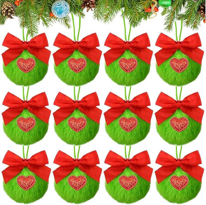 12 Pack Lime Green Furry Christmas Ball Ornaments with Red Bow, 2.36 Inches Soft Fluffy-Pom-Pom Xmas Tree Hanging Decor for Holiday Home Party Fireplace Wall Decoration(Red Bow)