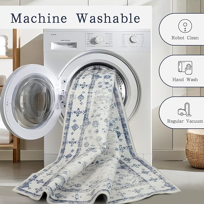 Washable Rugs 8x10 Area Rugs for Living Room,Rugs for Bedroom,Large Carpets,Ultra Soft Faux Wool Retro Dining Room Rug,Non Slip&Non-Shedding Low Pile Vintage Print Rug for Home Office-Blue