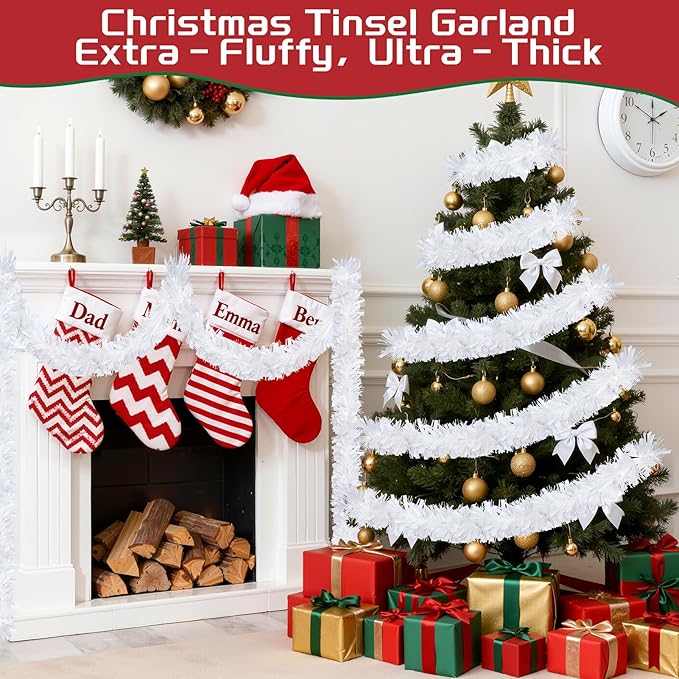50FT White Christmas Tinsel Garland, Metallic Tinsel Glitter Twist Garlands Hanging Streamers, Xmas Tree Garland Decorations