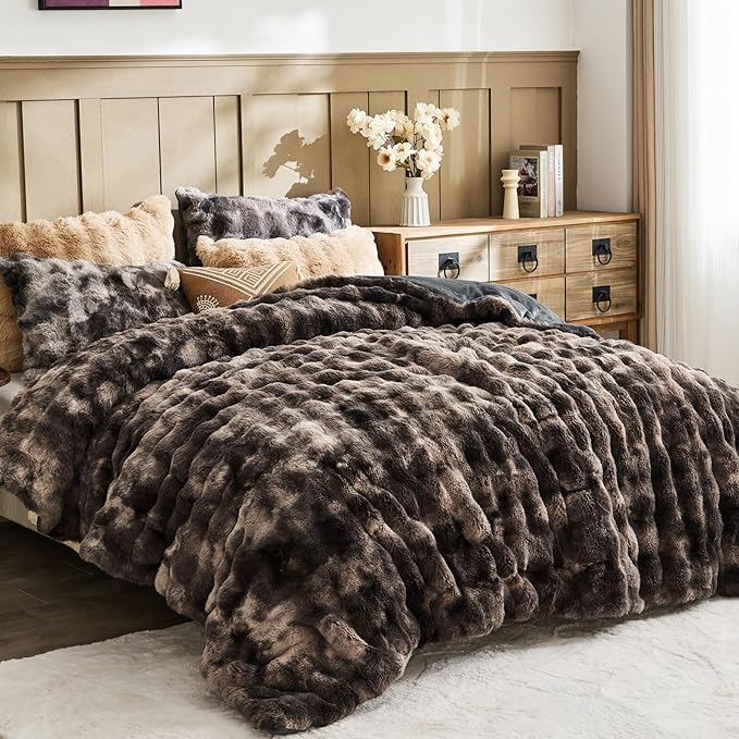 Lotus Karen Faux Fur Full Comforter Set – Tie-Dye Dark Gray Fluffy Comforter Full Size, Big Bubble Faux Rabbit Fur Bedding Comforter Sets, Cozy Fuzzy Bed Set 3 Pieces, 1 Comforter and 2 Pillowcases