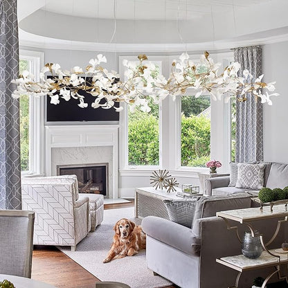 L98.42 Large Modern Chandelier for Entryway, 20-Light Gold Tree Branch Chandeliers, Luxury Ceramic Ginkgo Ceiling Light Fixtures, Hanging Brass Chandelier for Dining Room, Living Room