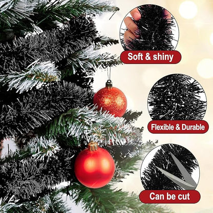 50 Feet Black Christmas Tinsel Garland, Metallic Foil Twist Garland Wall Hanging Tinsel Banner Backdrop for Parade Floats, Easter, Mother's Day, Wedding Party Decorations (2in x 50ft)