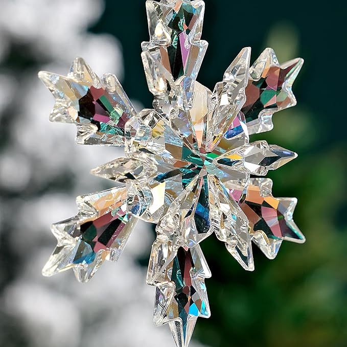 2025 Annual Christmas Ornaments Crystal Snowflake Star, Clear Multi Color Faceted Crystal with Tone Metal Accents and Rayon Ribbon-New Year Christmas Tree Ornament Wedding Party Window Hanging Decor
