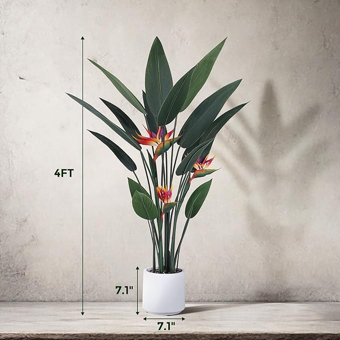 Artificial Bird of Paradise Plant 4 Ft Tall Fake Banana Leaf Plant for Indoors and Outdoors, Artificial Flowers, Faux Palm Tree with Plastic Pot for Office and Home Decor