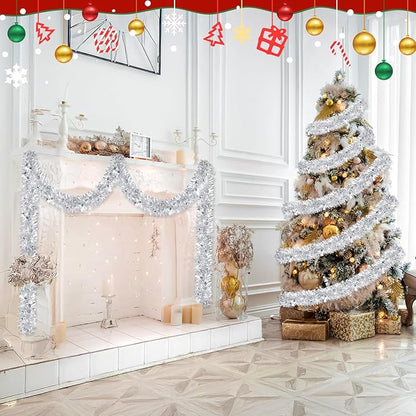 50FT Silver Christmas Tinsel Garland - Metallic Tinsel Glitter Twist Garland Hanging Streamers for Xmas Tree Garlands Decorations
