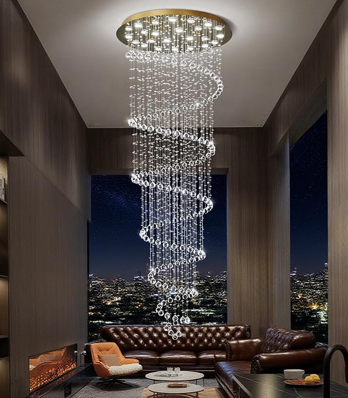 W47 x H118 High Ceiling Chandelier with LED Bulbs Dimmable Long Light Glam Chandeliers Crystal Pendants Light Fixtures for Foyer Entryway Living Room Stair Gold
