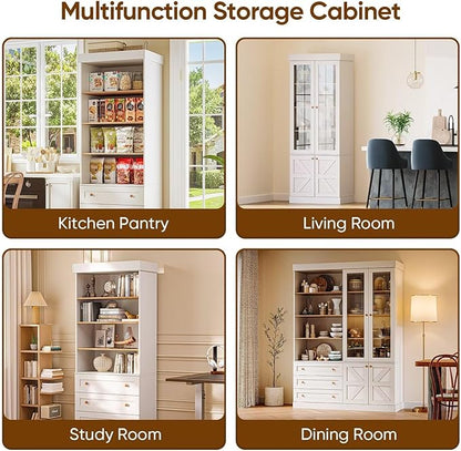 Vyre 71" Tall Farmhouse Bookshelves with Drawers, Set of 3 – Large Modular Bookcase with Adjustable Shelves, Storage Cabinet for Living Room, Kitchen, Home Office, White