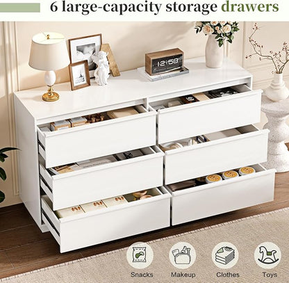 55.12" Modern Chest of Drawer, 6 Deep Drawers,Clothes Organizer,Large Storage Cabinet for Living Room, Bedroom,Dresser TV Stand, Wood Drawer Organizer for Living Room, Hallway,White