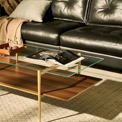 Saint Mossi Tadio X-Large Glass Coffee Table, Clear Double Layer Glass Coffee Table for Living Room, Clear Glass & Coffee Brown Bottom Shelf