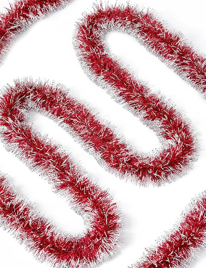 Lush Christmas Tinsel Garland, Red & White Radiant Metallic Twist Streamers for Holiday Decor, Plush & Full Xmas Tree Garland for an Elegant Festive Atmosphere, Indoor & Outdoor Party Supplies