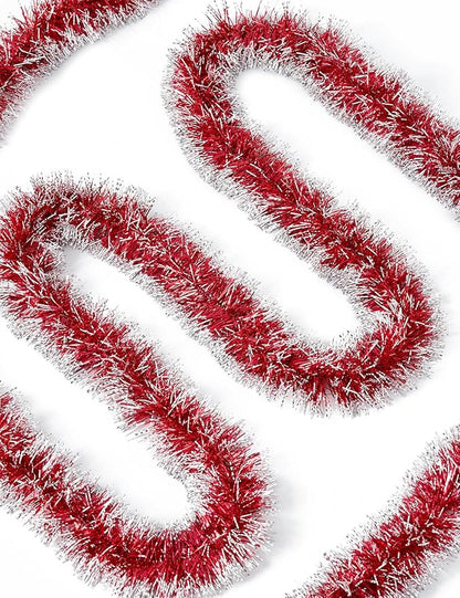 Lush Christmas Tinsel Garland, Red & White Radiant Metallic Twist Streamers for Holiday Decor, Plush & Full Xmas Tree Garland for an Elegant Festive Atmosphere, Indoor & Outdoor Party Supplies