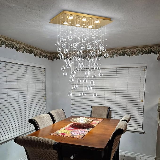 Glam Crystal Chandelier with Bulb Rain Drop Pendants Ceiling Light LED Lighting Rectangular Dining Room Light Fixture Dimmable LED Light Gold