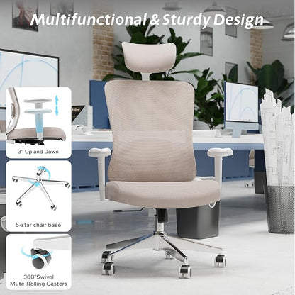 Ergonomic Office Chair with Adjustable Lumbar Support & Flip-Up Armrests - High Back Desk Chair with Thickened Seat Cushion, Rolling Wheels for Home/Office Study Work (05khaki)