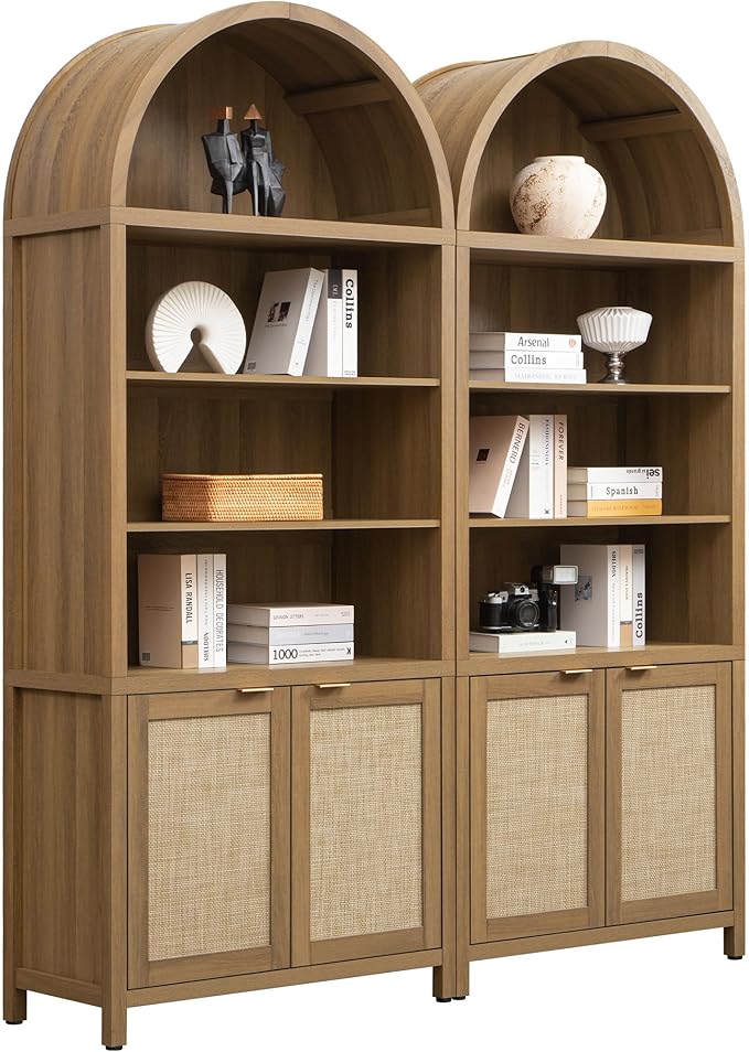 SICOTAS Book Shelf Arched Cabinet Bookshelf Arch 84.2" Tall Bookcase 5 Tier Large Bookshelves with Doors Storage Rattan Boho Wide Book Shelves Case for Living Room Kitchen Office Bedroom Library
