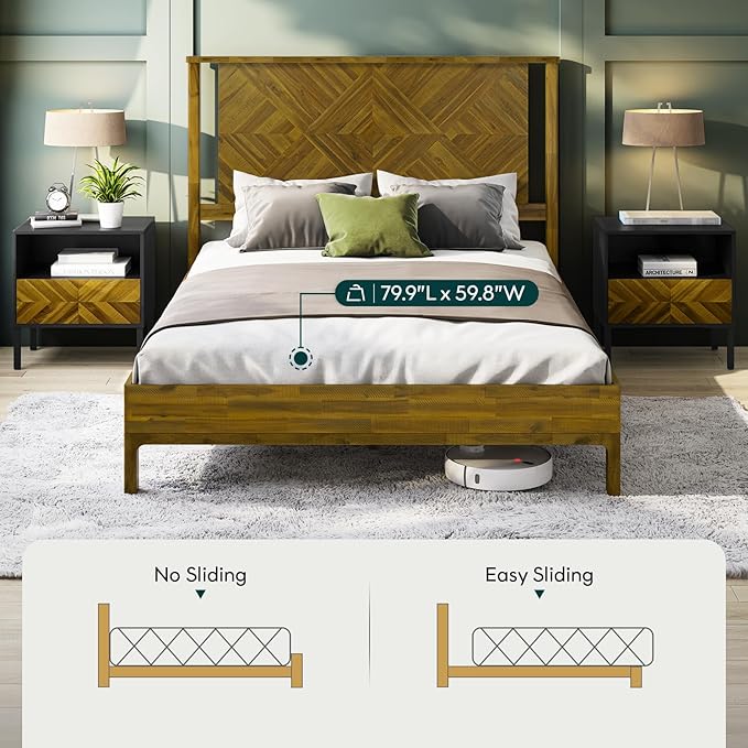 Bme Ethan Queen Bed Frame with Diamond Headboard, Mid-Century Modern, Solid Acacia Wood, No Box Spring Needed, Fits All Mattresses, Rustic Brown
