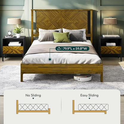 Bme Ethan Queen Bed Frame with Diamond Headboard, Mid-Century Modern, Solid Acacia Wood, No Box Spring Needed, Fits All Mattresses, Rustic Brown